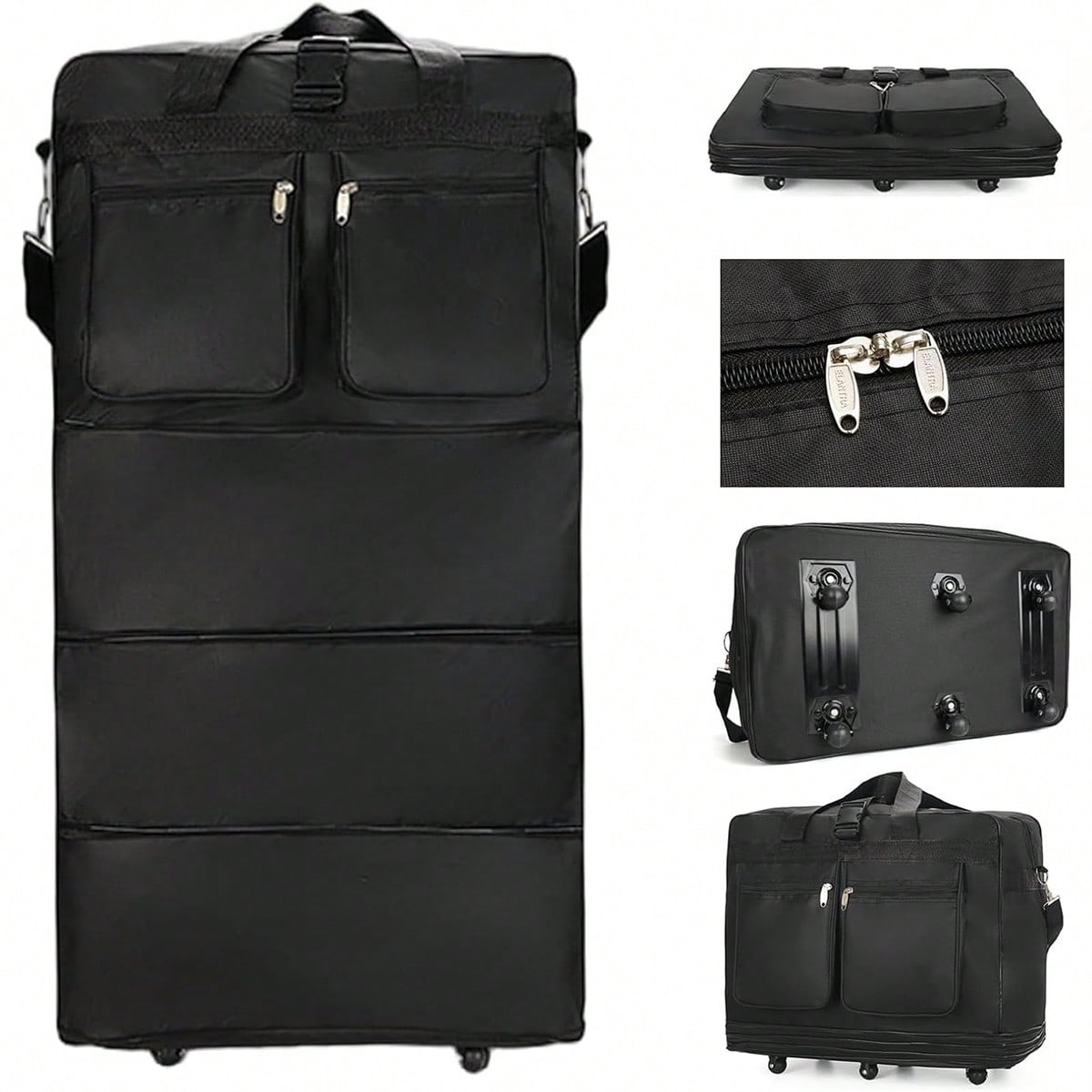 Foldable Rolling Luggage Bag - Borsa da viaggio nera con ruote,